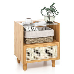 2 Piece Bamboo Rattan Nightstand with Glass Top and Drawer, Natural