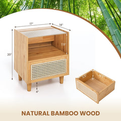 2 Piece Bamboo Rattan Nightstand with Glass Top and Drawer, Natural