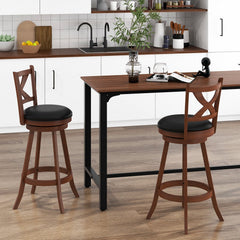 Set of 2 Classic Swivel Bar Stools with X Shaped Open Back, Espresso Wood, 30 Inch Seat Height