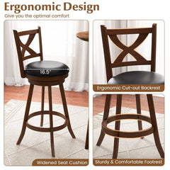Set of 2 Classic Swivel Bar Stools with X Shaped Open Back, Espresso Wood, 30 Inch Seat Height