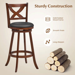 Set of 2 Classic Swivel Bar Stools with X Shaped Open Back, Espresso Wood, 30 Inch Seat Height