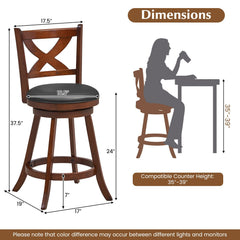 Set of 2 Classic Swivel Counter Stools with X Shaped Open Back, Espresso Wood, 24 Inch Seat