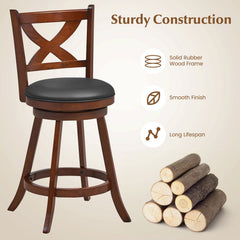 Set of 2 Classic Swivel Counter Stools with X Shaped Open Back, Espresso Wood, 24 Inch Seat