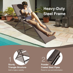 Set of 2 Folding Sling Chaise Lounges with 5 Backrest Positions, Brown