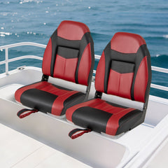 2 Pieces High Back Folding Boat Seat Set with Sponge Cushion-Red