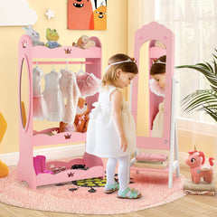 2 Pieces Kids Vanity Set and Jewelry Armoire Cabinet with Full-length Mirror-Pink