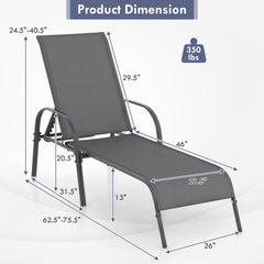 Set of 2 Stackable Patio Chaise Lounge Chairs with Curved Armrests, Dark Gray