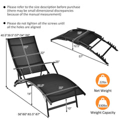 Set of 2 Folding Stackable Chaise Lounges with Armrests, 5 Levels, Black