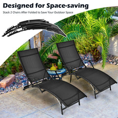 Set of 2 Folding Stackable Chaise Lounges with Armrests, 5 Levels, Black