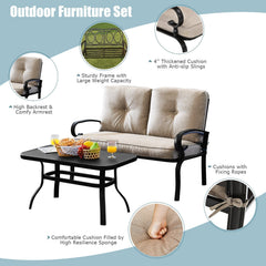 2 Piece Patio Loveseat and Coffee Table Set, 47 in Steel Bench Rated 550 lb with 4 in Beige Olefin Cushions and Mesh Top Table