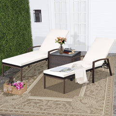 Set of 2 Rattan Reclining Chaise Lounges with Turquoise and White Cushions