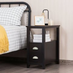 2 Piece Bedside Nightstand Set with 2 Drawers and Shelf, Dark Brown