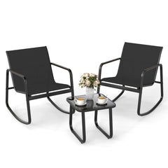3 Piece Patio Rocking Bistro Set, 2 Sling Rocking Chairs Rated 330 lb with Black Breathable Seats and 17 in Tempered Glass Table