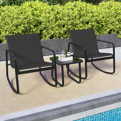 3 Piece Patio Rocking Bistro Set, 2 Sling Rocking Chairs Rated 330 lb with Black Breathable Seats and 17 in Tempered Glass Table