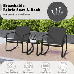 3 Piece Patio Rocking Bistro Set, 2 Sling Rocking Chairs Rated 330 lb with Black Breathable Seats and 17 in Tempered Glass Table