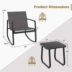 3 Piece Patio Rocking Bistro Set, 2 Sling Rocking Chairs Rated 330 lb with Grey Breathable Seats and 17 in Tempered Glass Table