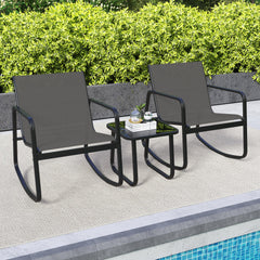 3 Piece Patio Rocking Bistro Set, 2 Sling Rocking Chairs Rated 330 lb with Grey Breathable Seats and 17 in Tempered Glass Table