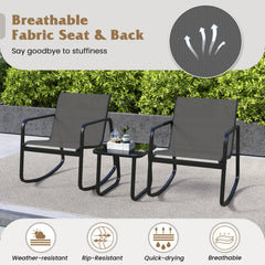 3 Piece Patio Rocking Bistro Set, 2 Sling Rocking Chairs Rated 330 lb with Grey Breathable Seats and 17 in Tempered Glass Table