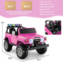 12V 2 Seat Licensed Toyota FJ40 Kids Ride On Car with Parental Remote, Slow Start and Carry Handle, 130 lb Capacity, Pink
