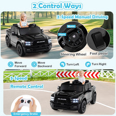 24V Licensed Ram 2500 REBEL 2 Seater Kids Ride On Truck with 2 x 100W Motors, 3 Speed Remote and 4 Springs, 110 lb, Black