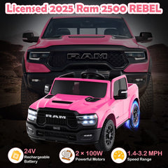 24V Licensed Ram 2500 REBEL 2 Seater Kids Ride On Truck with Soft Start, Puncture Proof Wheels and Music, 110 lb, Pink