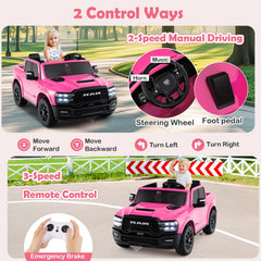 24V Licensed Ram 2500 REBEL 2 Seater Kids Ride On Truck with Soft Start, Puncture Proof Wheels and Music, 110 lb, Pink