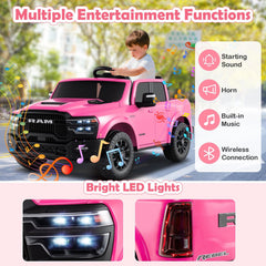 24V Licensed Ram 2500 REBEL 2 Seater Kids Ride On Truck with Soft Start, Puncture Proof Wheels and Music, 110 lb, Pink