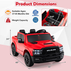 24V Licensed Ram 2500 REBEL 2 Seater Kids Ride On Truck with Emergency Brake, 3 Speed Remote and LED Lights, 110 lb, Red