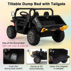 2 Seater Kids Ride On Dump Truck with Tilting Dump Bed, Tailgate, Shovel and Parent Remote, 110 lb, Black