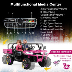 2 Seater Kids Ride On Dump Truck with Rocking Mode, Media Centre, USB, AUX and Tilting Bed, 110 lb, Pink