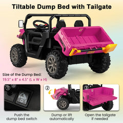 2 Seater Kids Ride On Dump Truck with Rocking Mode, Media Centre, USB, AUX and Tilting Bed, 110 lb, Pink
