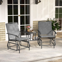 2 Seater Outdoor Glider Bench with 2 Tier Centre Table, Independent Rocking Chairs Rated 330 lb Each, Grey Mesh