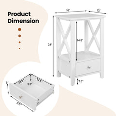 2-Tier Nightstand with Storage Drawer and X Frame, White