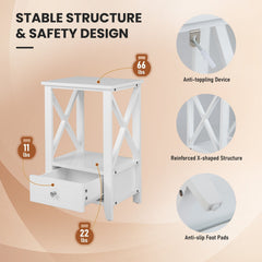 2-Tier Nightstand with Storage Drawer and X Frame, White