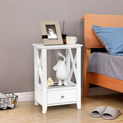 2-Tier Nightstand with Storage Drawer and X Frame, White
