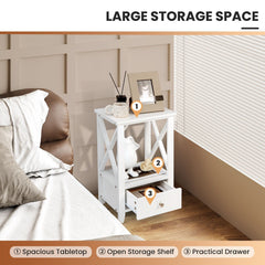 2-Tier Nightstand with Storage Drawer and X Frame, White