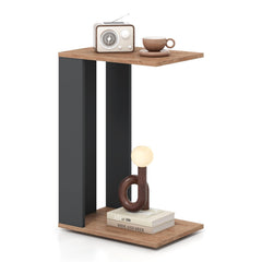2-Tier C-Shaped Side Table with Detachable Wheels, Rustic Brown