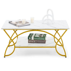 2-Tier Rectangular Coffee Table, White Marble Look Top with Arched Golden Metal Frame