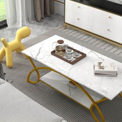 2-Tier Rectangular Coffee Table, White Marble Look Top with Arched Golden Metal Frame