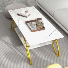 2-Tier Rectangular Coffee Table, White Marble Look Top with Arched Golden Metal Frame