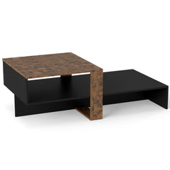 2-Tier Coffee Table Modern Irregular Center Table with Open Storage Shelf-Black & Brown