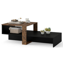 2-Tier Coffee Table Modern Irregular Center Table with Open Storage Shelf-Black & Brown
