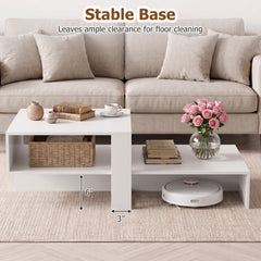 2-Tier Coffee Table Modern Irregular Center Table with Open Storage Shelf-White