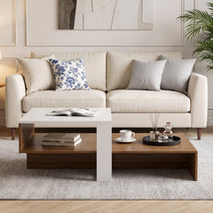 2-Tier Coffee Table Modern Irregular Center Table with Open Storage Shelf-White & Brown