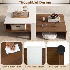 2-Tier Coffee Table Modern Irregular Center Table with Open Storage Shelf-White & Brown