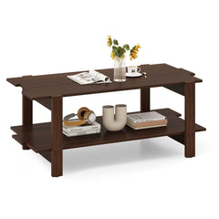 2-Tier Coffee Table Slatted Wood Center Table with Storage Shelf-Walnut