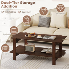 2-Tier Coffee Table Slatted Wood Center Table with Storage Shelf-Walnut