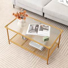 2-Tier Coffee Table with Tempered Glass Top and Golden Metal Frame