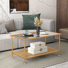 2-Tier Coffee Table with Tempered Glass Top and Golden Metal Frame