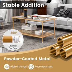 2-Tier Coffee Table with Tempered Glass Top and Golden Metal Frame